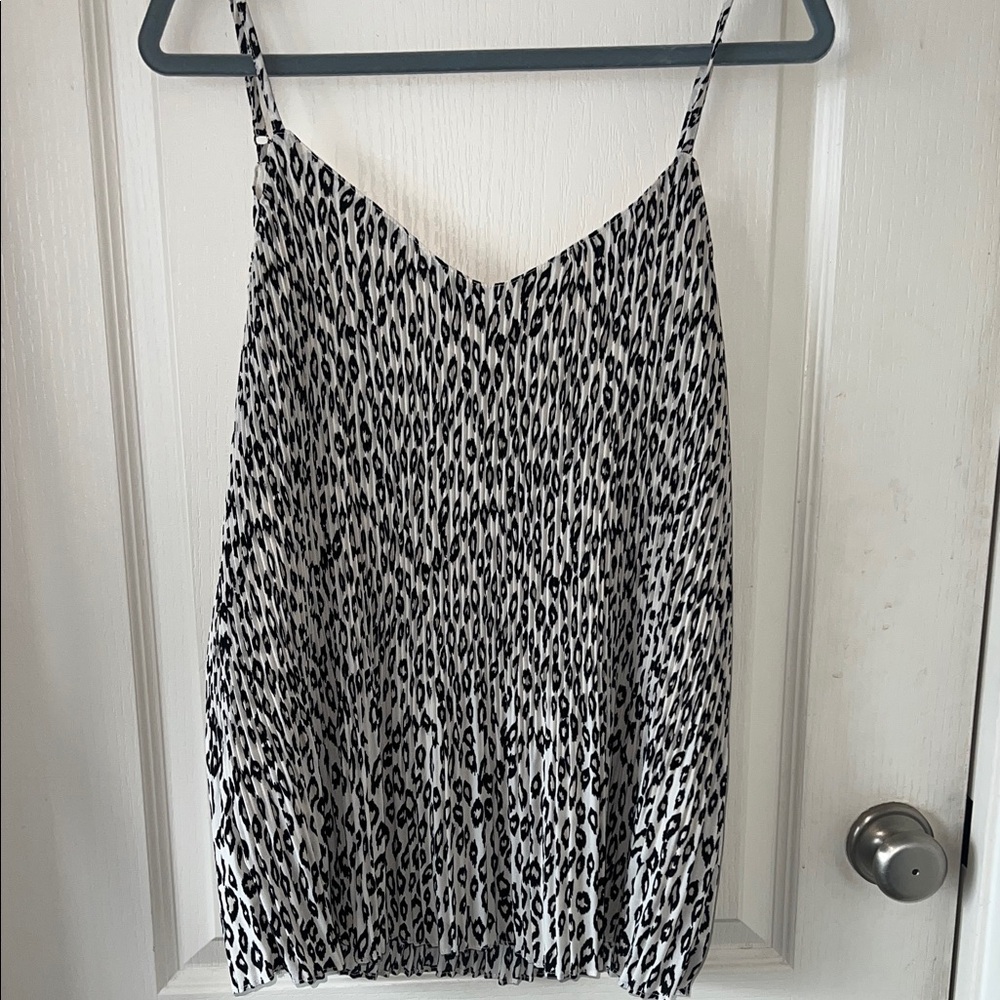 Umgee Black and off white animal print pleated spaghetti strap, tank/blouse/top